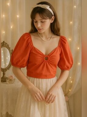 Sim&Sam 🧡Ring-Front Puff Sleeve Crop Top — Red